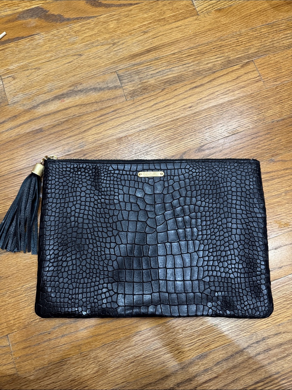Gigi Black Leather Tassel Zip Clutch